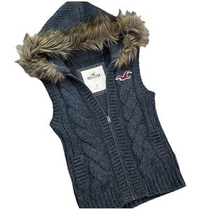 Vintage Hollister Cable Knit Sweater Vest Y2K Faux Fur Hooded Wool Blend Sz S